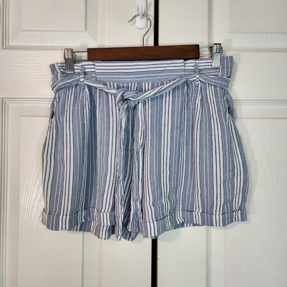 Angie Blue White Striped Paperbag Shorts High Waist Tie Front Rayon Large Boho